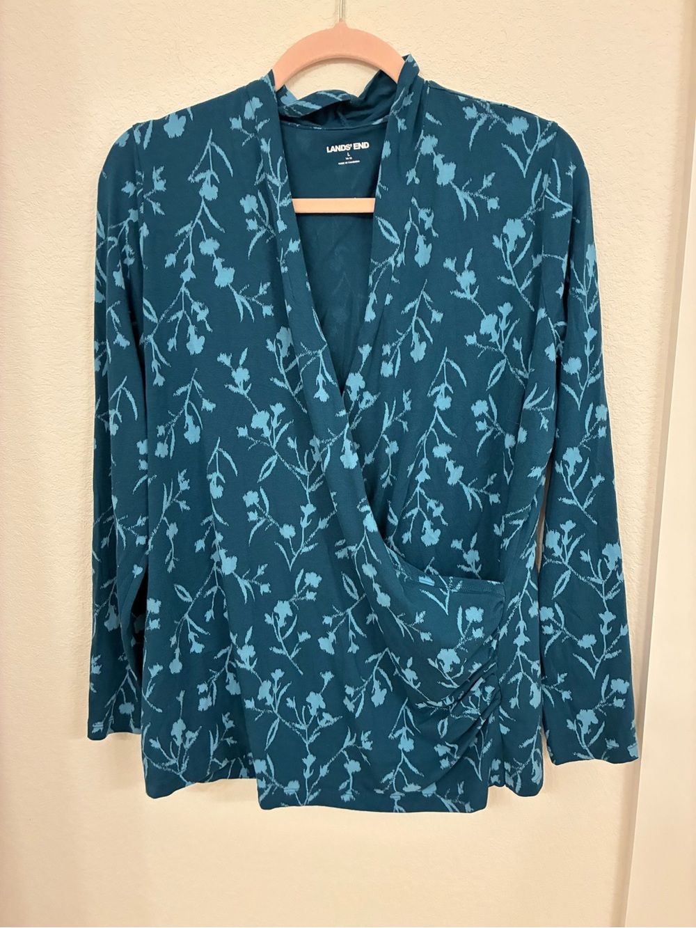 Lands’ End Teal Blue Floral Faux‑Wrap Long‑Sleeve Blouse — Size Large (NWOT)